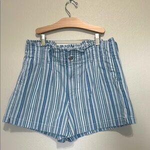 American Eagle Blue and White High Waist Striped Paper Bag Mom Shorts